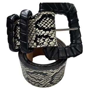 Black White Faux Snakeskin Wide Waist Belt with Oversized Leather Buckle M/L
